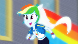 Size: 3410x1920 | Tagged: safe, screencap, rainbow dash, equestria girls, g4, my little pony equestria girls: better together, run to break free, clothes, cute, cutie mark, cutie mark on clothes, dashabetes, female, geode of super speed, hoodie, jewelry, magical geodes, necklace, open mouth, ponied up, rainbow trail, running, singing, smiling, solo, transformation