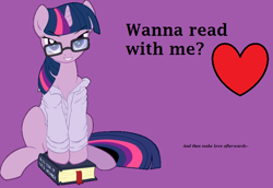 Size: 794x546 | Tagged: safe, artist:brianblackberry, derpibooru exclusive, edit, editor:twilyisbestpone, vector edit, twilight sparkle, pony, unicorn, g4, bedroom eyes, book, bronybait, clothes, eyebrows, eyebrows visible through hair, female, glasses, grin, heart, implied lovemaking, looking at you, mare, purple background, sexy, shirt, simple background, sitting, smiling, solo, stupid sexy twilight, unicorn twilight, vector