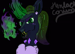 Size: 2100x1500 | Tagged: safe, artist:hemlock conium, oc, oc only, oc:mantis, changeling, bust, changeling oc, color, digital art, female, green changeling, gun, mare, palindrome get, portrait, simple background, solo, weapon