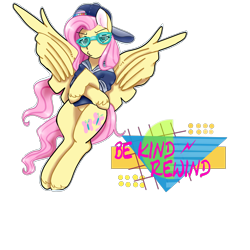 Size: 4000x4000 | Tagged: safe, artist:lightningchaserarts, fluttershy, pegasus, pony, g4, '90s, absurd resolution, backwards ballcap, baseball cap, be kind, be kind rewind, cap, clothes, feather fingers, feather guns, hat, hoodie, pose, retro, rewind, shutter shades, solo, sunglasses, vaporwave, wing hands, wings