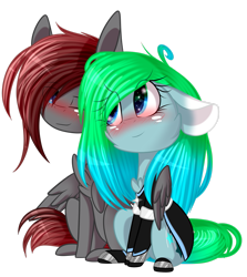 Size: 2313x2593 | Tagged: safe, artist:mediasmile666, oc, oc only, pegasus, pony, blushing, chibi, clothes, duo, female, floppy ears, high res, hug, maid, male, mare, one eye closed, shipping, simple background, skirt, stallion, straight, transparent background, winghug, wings, wink