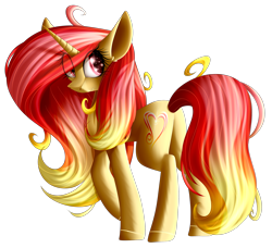 Size: 2506x2286 | Tagged: safe, artist:mediasmile666, oc, oc only, oc:pretty shine, pony, unicorn, eye clipping through hair, eye reflection, female, gift art, high res, long mane, mare, raised hoof, rear view, reflection, simple background, smiling, solo, standing, transparent background