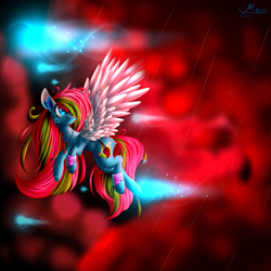 Size: 2449x2449 | Tagged: safe, artist:mediasmile666, oc, oc only, oc:media smile, pegasus, pony, cloud, female, flying, high res, jewelry, mare, pendant, rain, solo, spread wings, wings