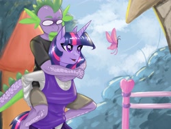 Size: 4000x3000 | Tagged: safe, artist:beznadezhnyyart, artist:raeverran, spike, twilight sparkle, butterfly, dragon, pony, unicorn, anthro, fall weather friends, g4, clothes, dragons riding ponies, duo, female, high res, male, mare, piggyback ride, riding, scene interpretation, spike riding twilight, unicorn twilight