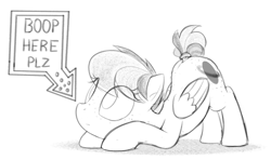 Size: 1412x835 | Tagged: safe, artist:dtcx97, oc, oc only, oc:apogee, pony, boop request, face down ass up, female, filly, grayscale, monochrome, solo