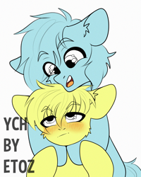 Size: 2000x2500 | Tagged: safe, artist:etoz, pony, advertisement, auction, auction open, blushing, commission, generic pony, happy, high res, hug, open mouth, smiling, tsundere, ych example, your character here