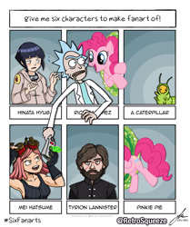 Size: 3000x3582 | Tagged: safe, artist:swampdonkeymedia, pinkie pie, caterpillar, earth pony, human, pony, g4, beard, bust, crossover, facial hair, female, game of thrones, goggles, high res, hyuuga hinata, mare, mei hatsume, my hero academia, naruto, portal, rick and morty, rick sanchez, signature, six fanarts, tyrion lannister