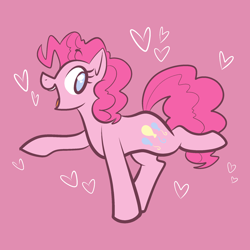 Size: 2000x2000 | Tagged: safe, artist:vodkamewtwoni, pinkie pie, earth pony, pony, g4, cute, diapinkes, female, heart, heart background, high res, looking back, no pupils, open mouth, pink background, profile, simple background, solo