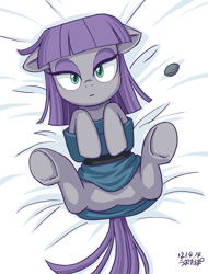 Size: 912x1200 | Tagged: safe, artist:uotapo, boulder (g4), maud pie, earth pony, pony, g4, bed, blanket, blushing, clothes, cute, dress, eyeshadow, featureless crotch, female, from above, looking at you, lying down, makeup, mare, maudabetes, on back, solo, technically an upskirt shot, underhoof, upskirt