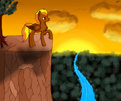 Size: 1500x1250 | Tagged: safe, artist:windy, oc, oc only, oc:windflyer, pegasus, pony, cliff, cloud, forest background, river, solo, sunset, two toned mane, two toned tail, wings