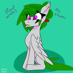 Size: 1080x1080 | Tagged: safe, artist:ukedideka, oc, oc only, oc:quizzical aphre, pegasus, pony, ear piercing, folded wings, green hair, hair tie, pegasus oc, piercing, purple eyes, simple background, sitting, solo, tongue out, wings