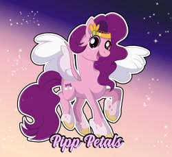 Size: 1024x938 | Tagged: safe, artist:doraeartdreams-aspy, pipp petals, pegasus, pony, g5, adorapipp, cute, female, gradient background, looking at you, mare, open mouth, raised hoof, red eyes, red-eyed pipp, signature, solo, sparkles, spread wings, text, unshorn fetlocks, wings