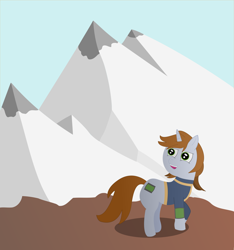 Size: 3278x3507 | Tagged: safe, artist:eminent entropy, derpibooru exclusive, oc, oc only, oc:littlepip, pony, unicorn, fallout equestria, clothes, eyes open, green eyes, high res, horn, jumpsuit, mountain, pipbuck, scenery, smiling, snow, solo, vault suit, vector