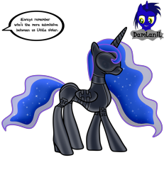 Size: 3840x4154 | Tagged: safe, artist:damlanil, princess luna, alicorn, pony, series:becoming submissive, g4, bdsm, blindfold, bondage, bondage mask, boots, bound wings, catsuit, clothes, collar, comic, commission, corset, ethereal mane, female, gag, galaxy mane, gimp suit, high heels, high res, hood, horn, implied lesbian, implied princess celestia, implied princest, implied shipping, latex, latex boots, latex suit, lunasub, mare, muzzle gag, offscreen character, rubber, rubber suit, shiny, shiny mane, shoes, show accurate, simple background, socks, solo, story, text, thigh highs, transparent background, vector, wings