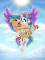 Size: 3000x4000 | Tagged: safe, artist:limedazzle, hitch trailblazer, zipp storm, earth pony, pegasus, pony, g5, acrophobia, adorable distress, cloud, colored wings, cute, duo, eyes closed, female, flying, male, mare, multicolored wings, open mouth, scared, screaming, sky, stallion, unamused, wings, zipp storm is not amused