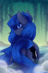 Size: 1250x1900 | Tagged: safe, artist:shadowreindeer, princess luna, alicorn, pony, g4, butt, eyes closed, female, mare, moonbutt, plot, rear view, relaxing, water, wet