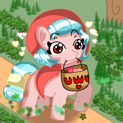 Size: 768x768 | Tagged: safe, artist:juanluuis8, cozy glow, pegasus, pony, g4, basket, cozybetes, cute, forest, heart, herb, holding up, little red riding hood, sheet, tree, uwu, walking