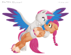 Size: 1400x1100 | Tagged: safe, artist:rockhoppr3, sunny starscout, zipp storm, earth pony, pegasus, pony, g5, bipedal, boop, female, lesbian, looking at each other, mare, noseboop, ship:sunnystorm, shipping, simple background, spread wings, transparent background, wings