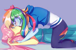 Size: 2845x1852 | Tagged: source needed, safe, artist:dumddeer, fluttershy, rainbow dash, human, equestria girls, g4, blushing, clothes, dress, duo, eyes open, female, fluttershy boho dress, hoodie, kiss on the lips, kissing, leggings, lesbian, lying down, on back, ship:flutterdash, shipping