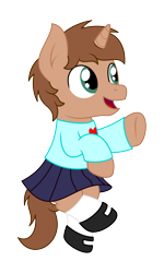 Size: 1500x2500 | Tagged: safe, artist:peternators, oc, oc only, oc:heroic armour, pony, unicorn, g4, clothes, colt, crossdressing, jumping, male, mary janes, shoes, simple background, skirt, smiling, socks, solo, sweater, transparent background