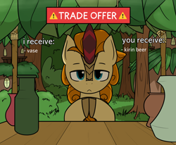 Size: 2256x1857 | Tagged: safe, artist:alexi148, autumn afternoon, kirin, g4, bush, cloven hooves, kirin beer, kirin beer is pee, kirin village, leaves, looking at you, male, meme, ponified meme, solo, store, trade offer, tree, vase