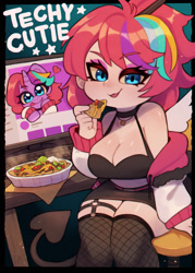 Size: 1428x1999 | Tagged: safe, artist:zombiemiso, oc, oc only, oc:techy twinkle, human, pony, unicorn, breasts, chips, cleavage, clothes, computer, computer screen, devil tail, eating, food, humanized, looking at you, nachos, smiling, socks, solo, thigh highs, wings