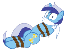 Size: 990x694 | Tagged: safe, artist:radiantrealm, minuette, pony, unicorn, g4, bondage, bound and gagged, cloth gag, damsel in distress, female, gag, kidnapped, mare, over the nose gag, rope, rope bondage, solo, tied up