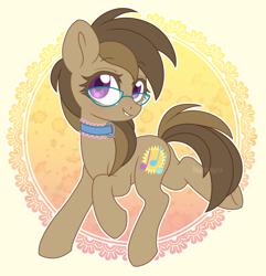 Size: 2024x2099 | Tagged: safe, artist:hawthornss, oc, oc only, oc:dawnsong, earth pony, pony, collar, glasses, high res, looking at you, smiling, solo