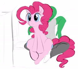 Size: 2305x2048 | Tagged: safe, artist:dotkwa, color edit, edit, editor:datzigga, pinkie pie, oc, oc:anon, earth pony, human, pony, g4, clothes, colored, cute, diapinkes, female, high res, human male, male, mare, ponk, shirt, sitting, sitting on lap, sitting on person, smiling, television, watching, wide hips