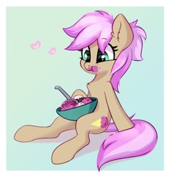 Size: 1660x1726 | Tagged: safe, artist:taneysha, strawberry scoop, earth pony, pony, g4, background pony, bowl, chest fluff, cute, ear fluff, female, food, friendship student, heart, ice cream, mare, messy eating, sitting, solo, spoon