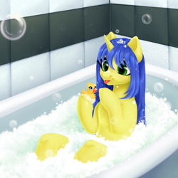 Size: 1500x1500 | Tagged: safe, artist:nika-rain, oc, oc only, oc:logical leap, pony, unicorn, bathroom, bubble, commission, cute, female, rubber duck, solo, ych result