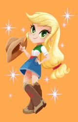 Size: 1312x2048 | Tagged: safe, artist:binco_293, applejack, human, equestria girls, g4, beautiful, boots, cowboy boots, cowboy hat, cowgirl, cute, female, green eyes, hat, hat off, human coloration, humanized, jackabetes, looking at you, orange background, orange skin, shoes, simple background, solo, sparkles, stetson, woman