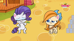 Size: 1920x1080 | Tagged: safe, screencap, lariat, rarity, earth pony, pony, unicorn, g4.5, my little pony: pony life, the great cowgirl hat robbery, bipedal, cowboy hat, female, hat, impersonating, mare, minimini, straw in mouth