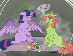 Size: 2048x1584 | Tagged: safe, artist:holomouse, tree hugger, twilight sparkle, alicorn, earth pony, pony, g4, bong, coughing, drugs, duo, duo female, female, highlight sparkle, twilight sparkle (alicorn)