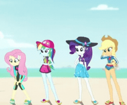 Size: 312x258 | Tagged: safe, screencap, applejack, fluttershy, rainbow dash, rarity, aww... baby turtles, equestria girls, g4, my little pony equestria girls: better together, animated, applejack's beach shorts swimsuit, applejack's hat, beach, belly button, boat, cap, clothes, cloud, cowboy hat, cropped, fluttershy's wetsuit, gif, hand on hip, hat, pigeon toed, rainbow dash's beach shorts swimsuit, rarity's purple bikini, sandals, sarong, standing, sun hat, swimsuit, time-lapse, wetsuit