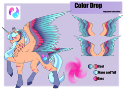 Size: 1920x1358 | Tagged: safe, artist:oneiria-fylakas, oc, oc only, oc:color drop, alicorn, pony, colored wings, female, gradient wings, mare, multicolored wings, reference sheet, solo, tail feathers, wings