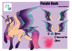 Size: 1920x1358 | Tagged: safe, artist:oneiria-fylakas, oc, oc only, oc:purple dash, alicorn, pony, colored wings, female, gradient wings, mare, multicolored wings, reference sheet, solo, tail feathers, wings