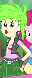 Size: 393x940 | Tagged: safe, screencap, cherry crash, pinkie pie, human, equestria girls, equestria girls specials, g4, my little pony equestria girls: better together, my little pony equestria girls: sunset's backstage pass, clothes, cropped, ear piercing, earring, female, fingerless gloves, gloves, jewelry, piercing