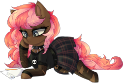 Size: 3893x2613 | Tagged: safe, artist:_spacemonkeyz_, oc, oc only, oc:scarlet trace (coffee bean), earth pony, pony, clothes, collar, fishnets, flower, high res, paper, pencil, shirt, simple background, skirt, solo, transparent background