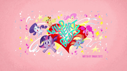 Size: 1920x1080 | Tagged: safe, screencap, applejack, fluttershy, pinkie pie, rainbow dash, rarity, twilight sparkle, alicorn, earth pony, pegasus, pony, unicorn, g4.5, my little pony: pony life, wild heart beats, abstract background, applejack's hat, cowboy hat, eyes closed, female, hat, heart, mane six, mare, open mouth, pink background, simple background, text, title card, twilight sparkle (alicorn)