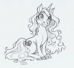 Size: 1473x1358 | Tagged: safe, artist:ucerodiana, izzy moonbow, pony, unicorn, g5, bracelet, colored hooves, drawing, fanart, female, grayscale, jewelry, mare, monochrome, pencil drawing, simple background, traditional art, white background