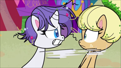 Size: 1280x720 | Tagged: safe, screencap, applejack, rarity, earth pony, pony, unicorn, g4.5, my little pony: pony life, what goes updo, spoiler:pony life s02e17, alternate hairstyle, duo, duo female, female, great moments in animation, mare, messy mane, smear frame