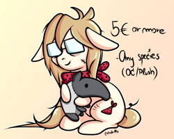 Size: 3242x2595 | Tagged: safe, artist:coco-drillo, oc, oc only, oc:cocodrillo, earth pony, pony, advertisement, charity, chibi, clothes, commission, commission info, donation, floppy ears, glasses, high res, messy mane, plushie, scar, scarf, simple background, sitting, smiling, solo