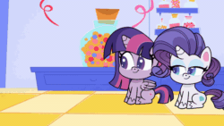 Size: 800x450 | Tagged: safe, screencap, cheerilee, rarity, twilight sparkle, alicorn, earth pony, pony, unicorn, g4.5, my little pony: pony life, one last wish, spoiler:pony life s02e27, :o, angry, animated, bipedal, female, gif, noodle arms, open mouth, shocked, sitting, teeth, trio, trio female, twilight sparkle (alicorn)