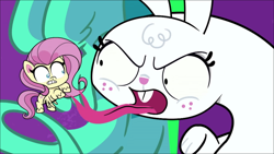 Size: 1280x720 | Tagged: safe, screencap, fluttershy, pegasus, pony, rabbit, g4.5, journey to the center of the 'cord, my little pony: pony life, spoiler:pony life s02e26, animal, forked tongue, monster, scared, tongue out