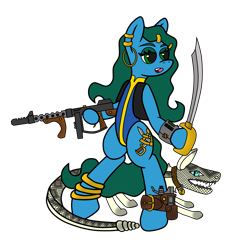 Size: 4000x4000 | Tagged: safe, artist:dice-warwick, oc, oc only, oc:cavall, oc:nightstalker, oc:star charter, nightstalker, pony, semi-anthro, fallout equestria, fallout equestria: desperados, 10mm pistol, arm hooves, clothes, collar, cutlass, digital art, dog collar, ear piercing, fangs, gun, jewelry, piercing, ring, simple background, standing, sword, tight clothing, tommy gun, transparent background, vest, wavy mane, wavy tail, weapon