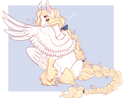 Size: 1280x1024 | Tagged: safe, artist:snowberry, oc, oc only, oc:satin sabre, pegasus, pony, braid, braided tail, ear fluff, eyes closed, fluffy, grooming, long hair, male, music notes, preening, ribbon, simple background, sitting, solo, stallion, unshorn fetlocks
