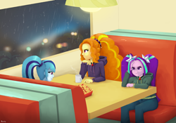 Size: 2048x1430 | Tagged: safe, artist:biocrine, adagio dazzle, aria blaze, sonata dusk, equestria girls, g4, my little pony equestria girls: rainbow rocks, booth, clothes, coffee, female, food, french fries, hoodie, restaurant, the dazzlings