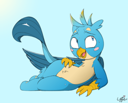Size: 1300x1050 | Tagged: safe, artist:lyrabop, gallus, griffon, art pack:fun size 2, g4, blue background, blushing, chest fluff, male, open mouth, pubic fluff, simple background, solo, stupid sexy gallus, sweat, tail, wings