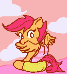 Size: 330x362 | Tagged: safe, artist:gorby, scootaloo, semi-anthro, g4, clothes, grooming, pixel art, preening, solo, wrong eye color, wrong magic color